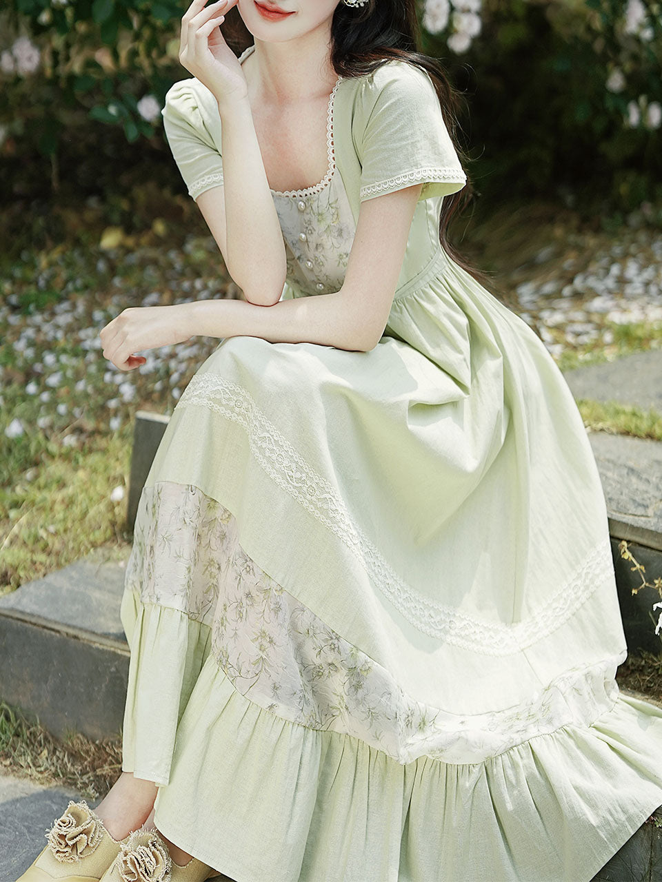 Green Square Collar Short Sleeve Vintage Fairy Lace Dress