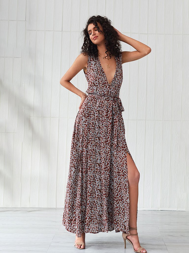Boho Dress Deep V Neck Split Floral Printed Maxi Dress