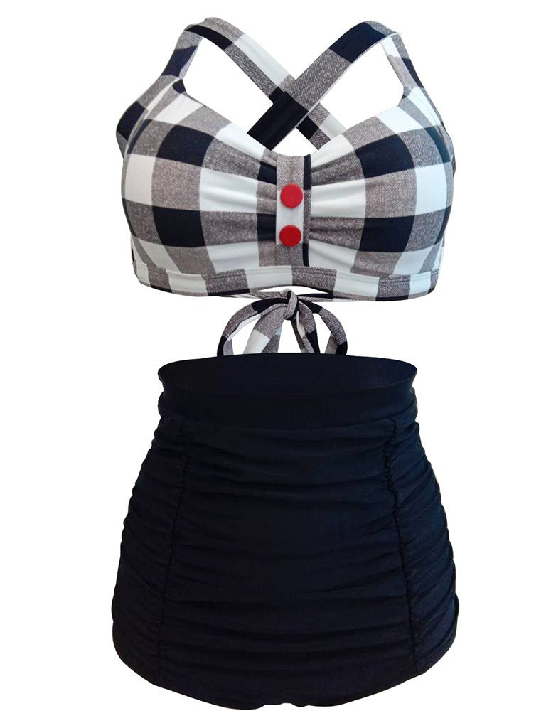 High Waisted Retro Style Backless Solid Black Two Pieces Bikini Sets