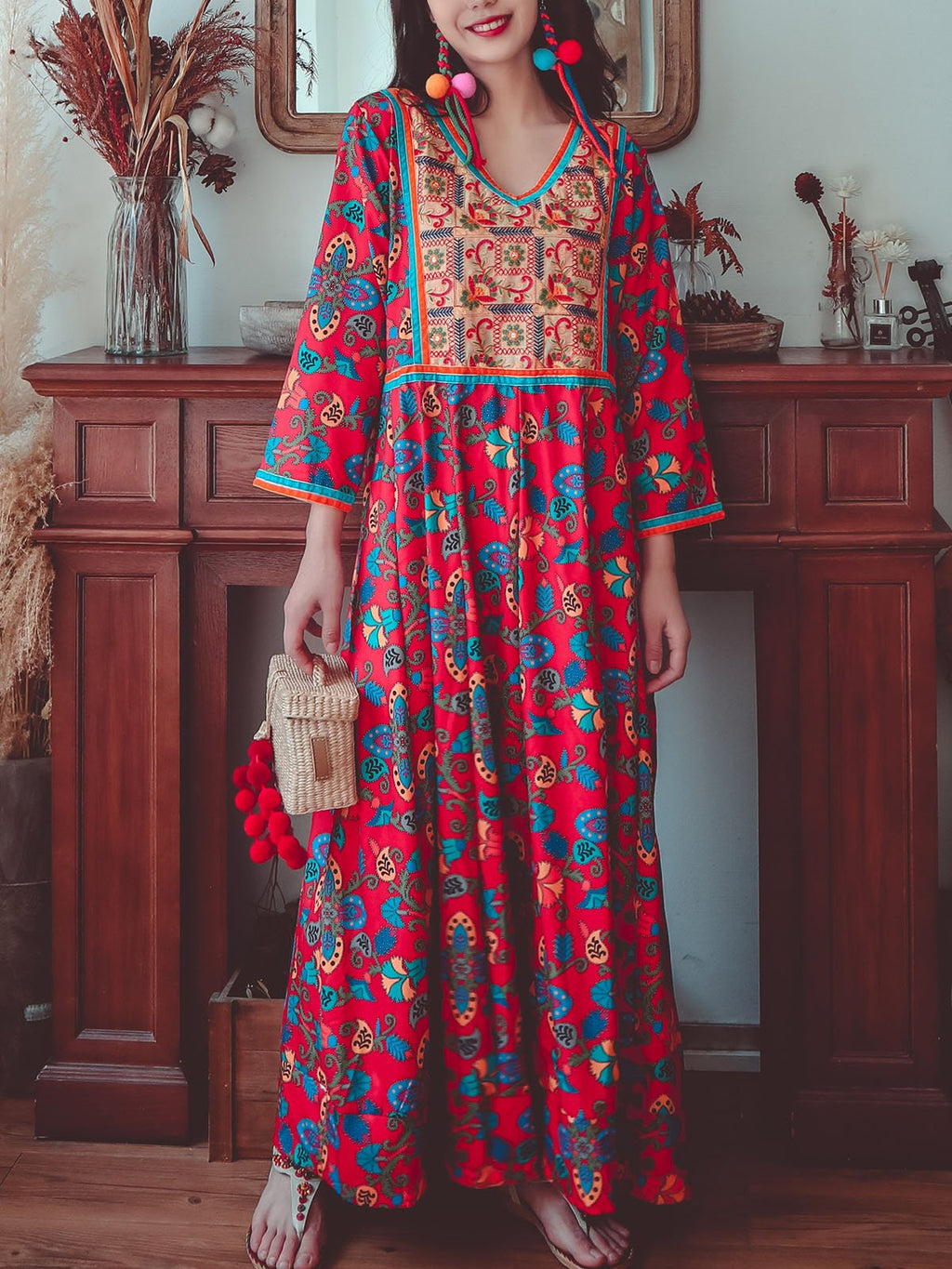 Jolly Vintage Embroidered Printed Floral V Neck Long Sleeves Boho Maxi Dress