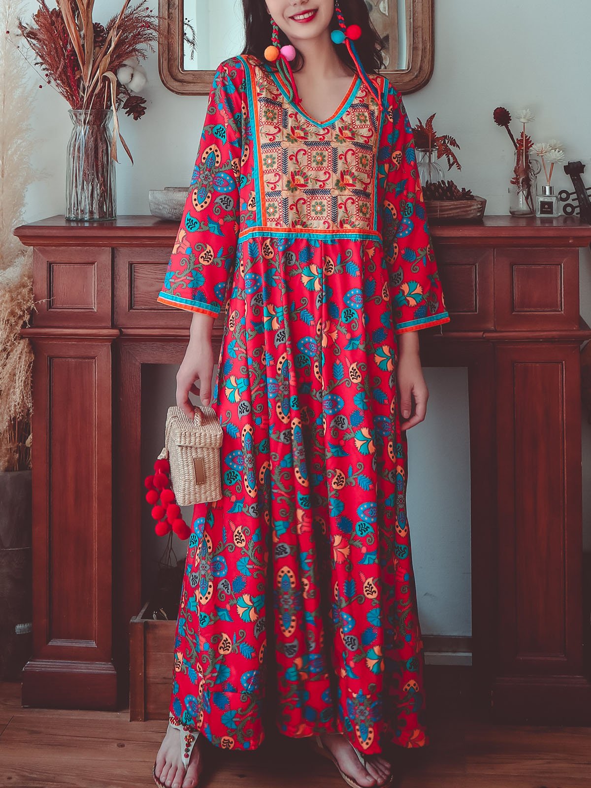 Jolly Vintage Embroidered Printed Floral V Neck Long Sleeves Boho Maxi Dress