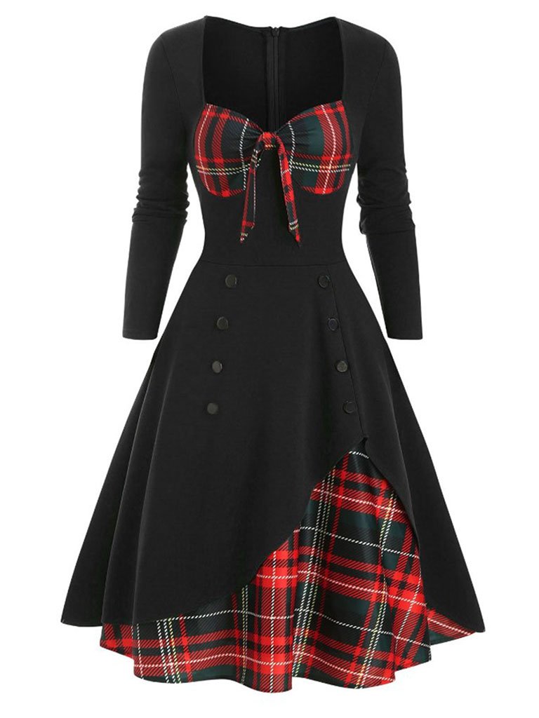 1950S Bow Heart Collar Plaid Long Sleeve Swing Dress