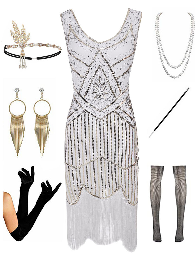 Sequined Fringed Flapper 20S Dress Set