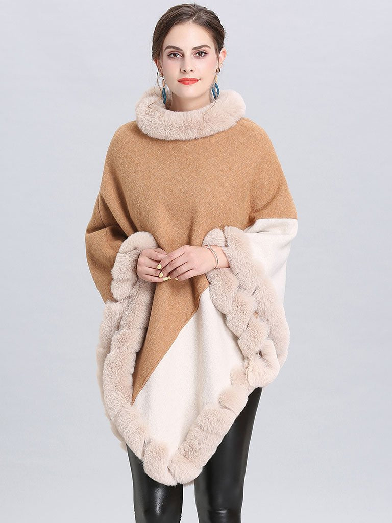 Faux Fur Coat Wool Cape Coat Hooded Long Sleeve Overcoat