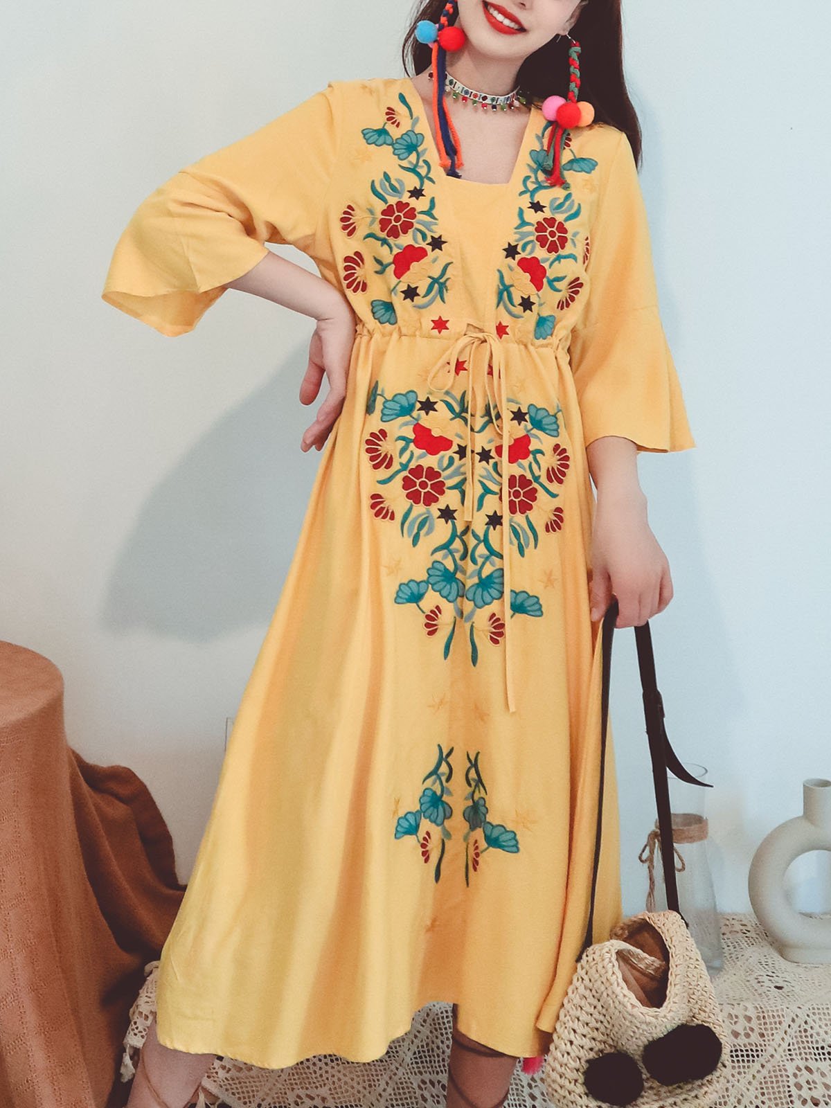 Cotton Embroidered Floral Square Neck Flared Half Sleeve Maxi Boho Dress