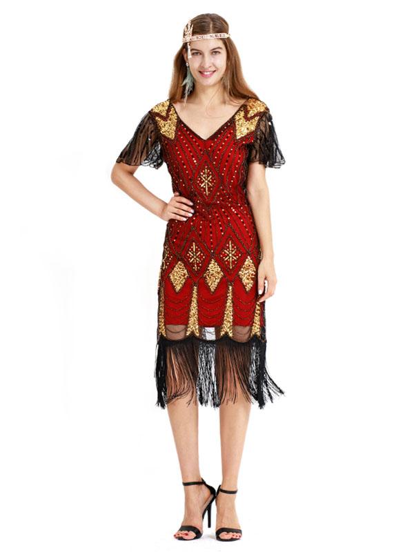 Red Gold 1920s V Neck Sequined Flapper Dress