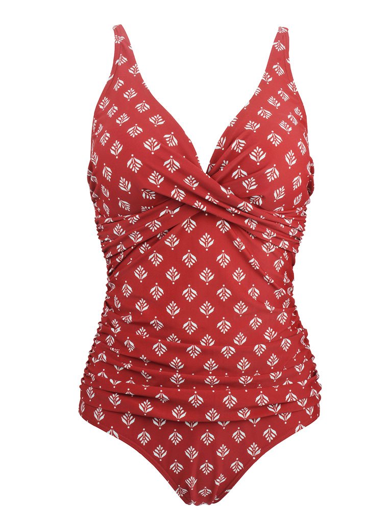Printed Red Background Retro Style One Piece Backless Trigonal Bikini Set