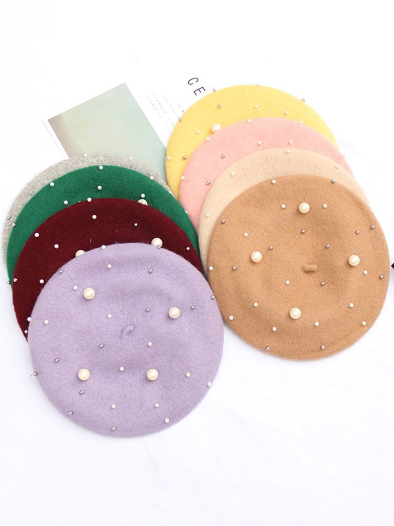 Pearl Stars Wool Felt Beret Hat Cap