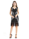 Black Gold 1920s V Neck Sequined Fringed Flapper Dress