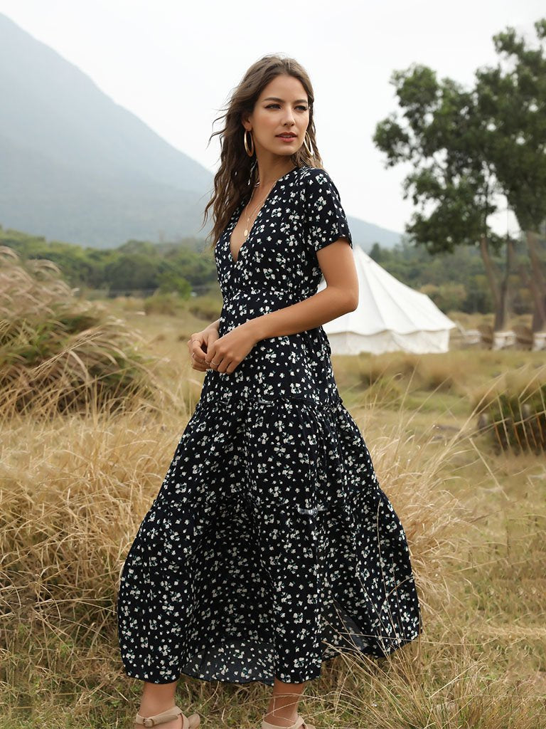 Boho Dress Floral Printed Ruffle Deep V Neck  Maxi Dress