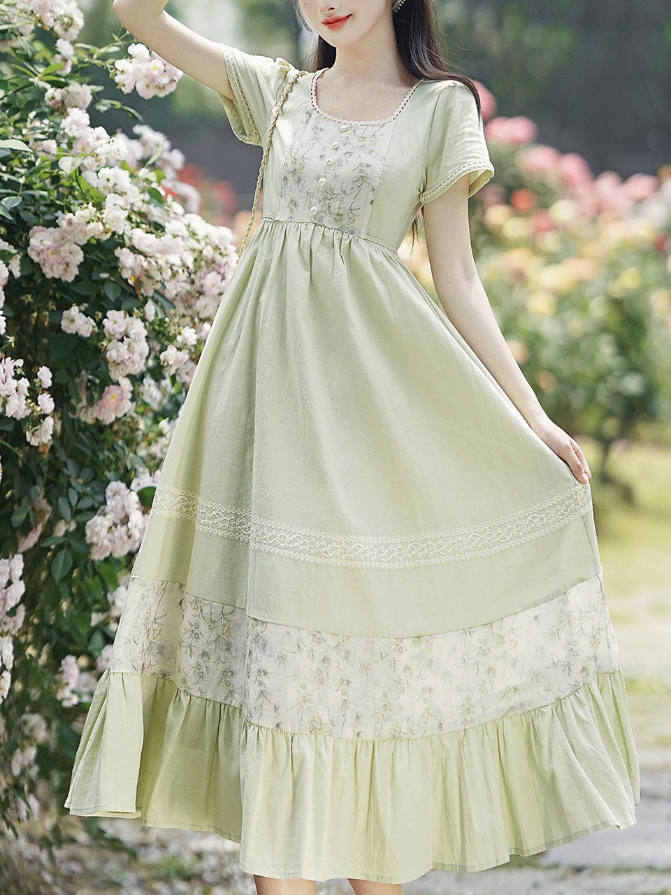 Green Square Collar Short Sleeve Vintage Fairy Lace Dress