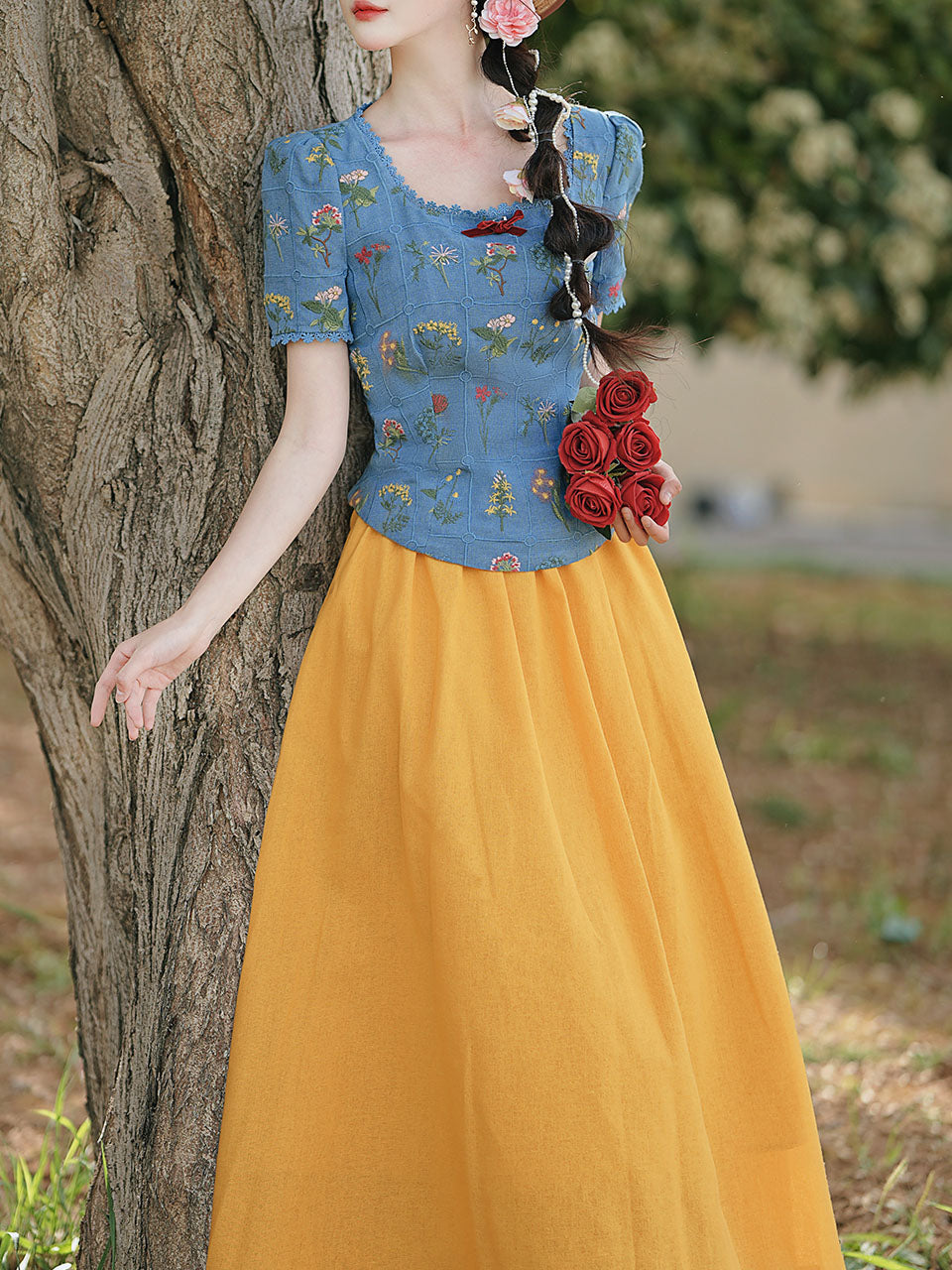 Navy Cotton Embroidered Top and 1950s Yellow Vintage Skirt Suit Inspired by Snow White