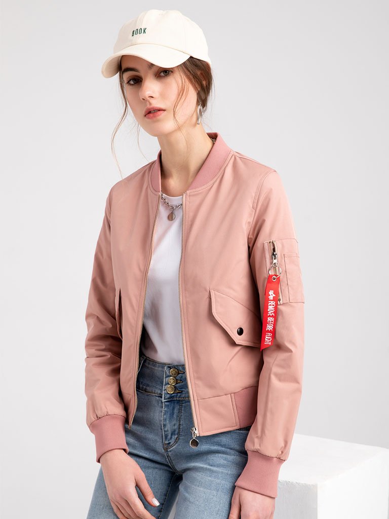 Pilot Style Jacket Daily Zippered Fall Winter Casual Solid Color Stand Collar Sporty Jacket