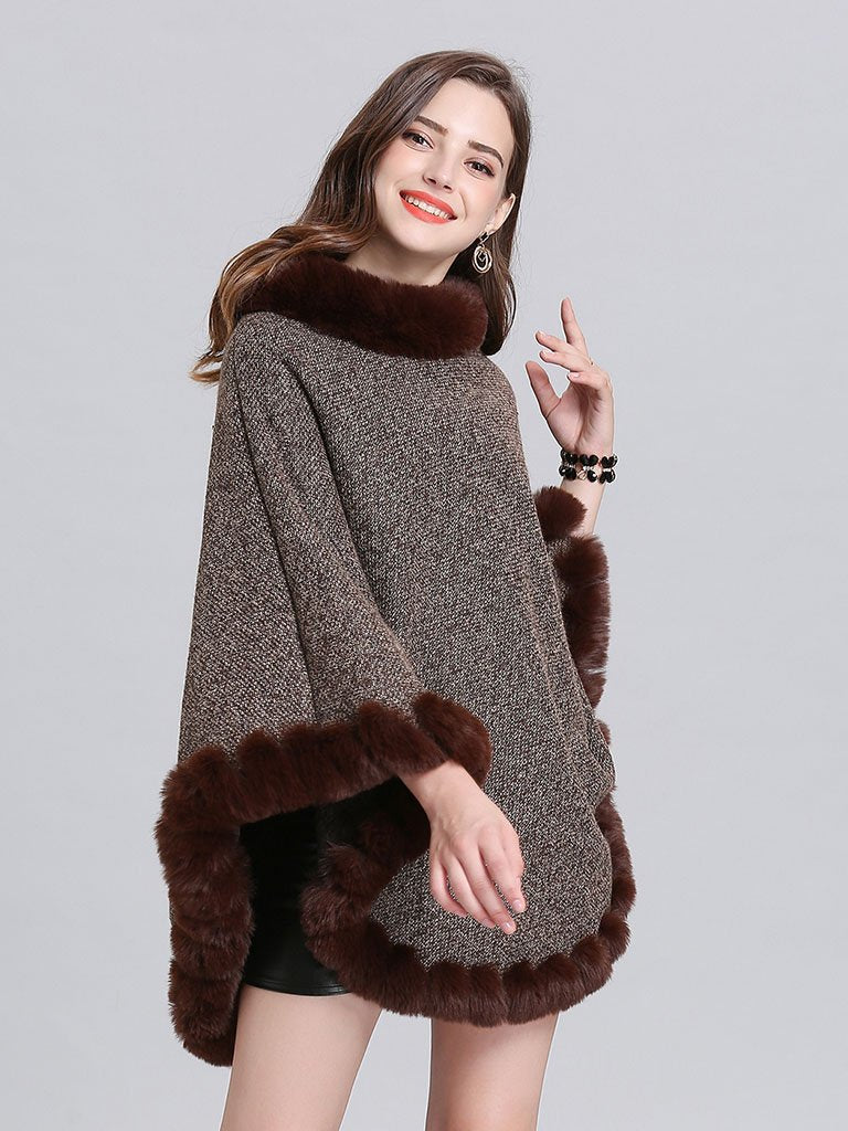 Woolen Poncho Faux Fur Shawl Collar Oversized Winter Coat