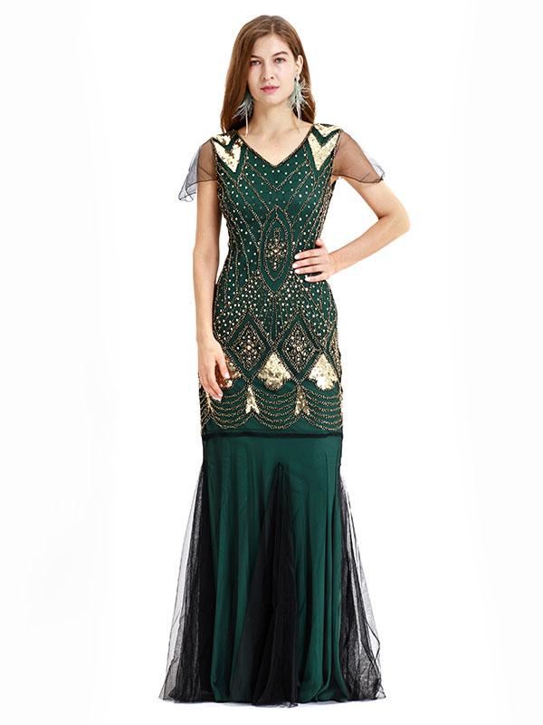 Green 1920s V Neck Sequined Long Flapper Dress