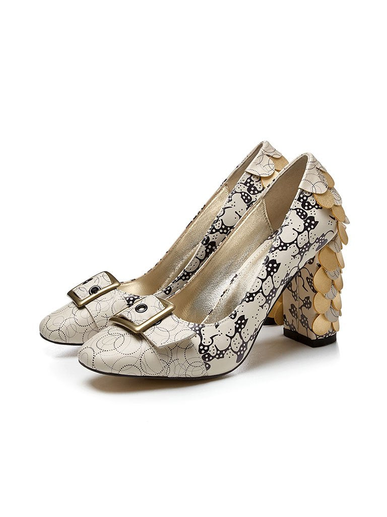 Stone Patten Petal Chunky Heel  Vintage Shoes