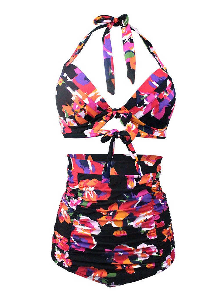 Floral Print Halter Backless Retro Style Binikis Swimwear Bathing Suit