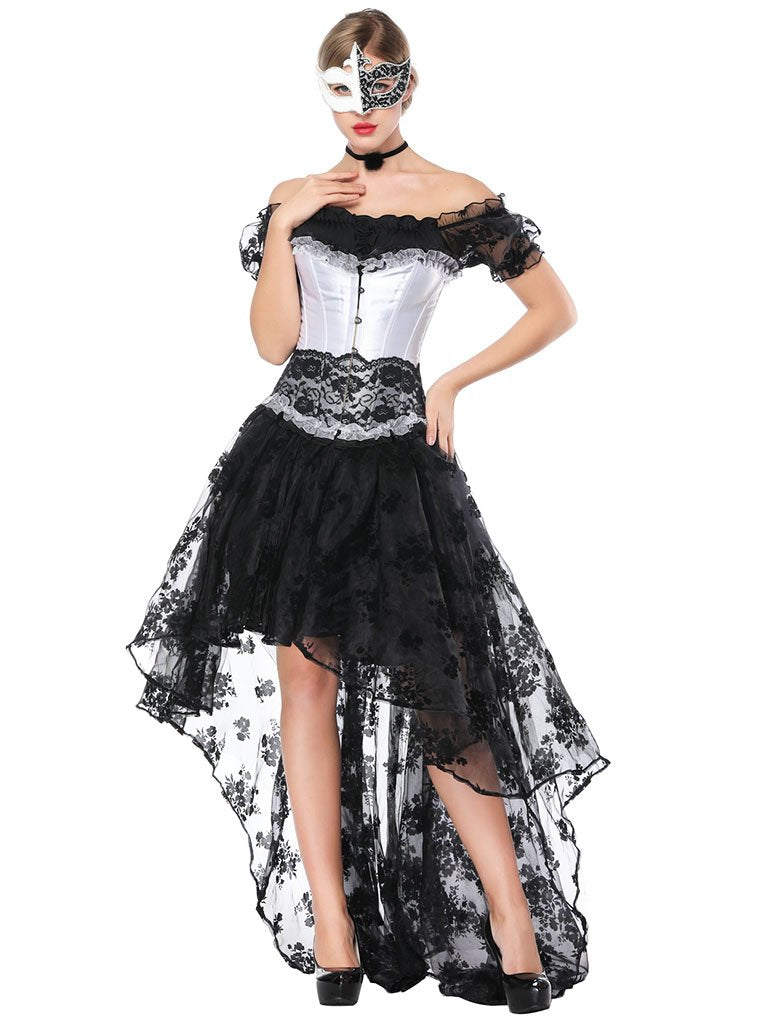 Gothic Costume Halloween Black Lace Short Sleeve Top Corset And Asymmetrical Skirt