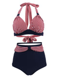 Concise Backless Retro Style Striated Two Pieces Bikini Bathing Suit