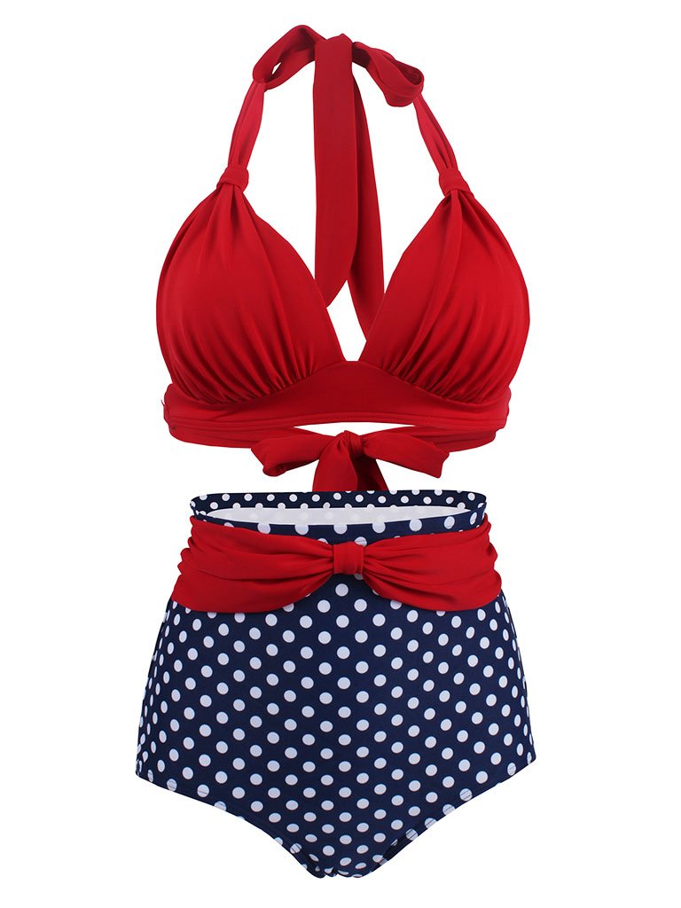 Concise Backless Retro Style Solid Red Two Pieces Bikini Bathing Suit