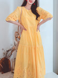 Jolly Vintage Embroidered Solid Backgrand Half Sleeves Boho Midi Dress