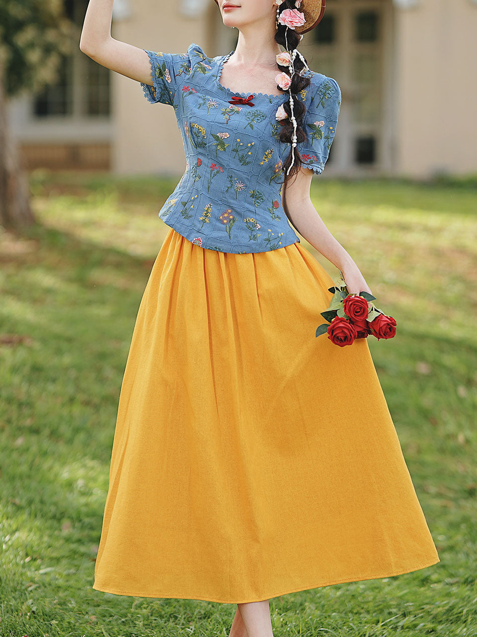 Navy Cotton Embroidered Top and 1950s Yellow Vintage Skirt Suit Inspired by Snow White