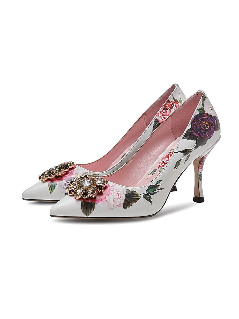 Rose Print Rhinestone Stiletto Heel Vintage Shoes