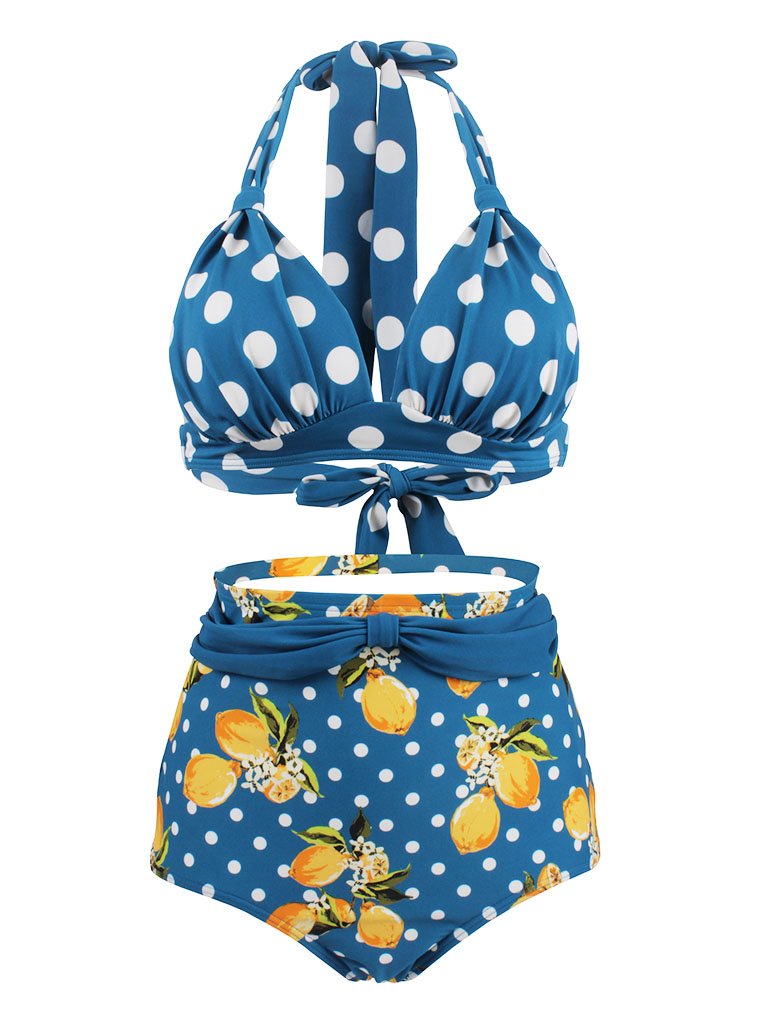 Classical Vintage Style Dots And Floral Two Pieces Bikini Sets