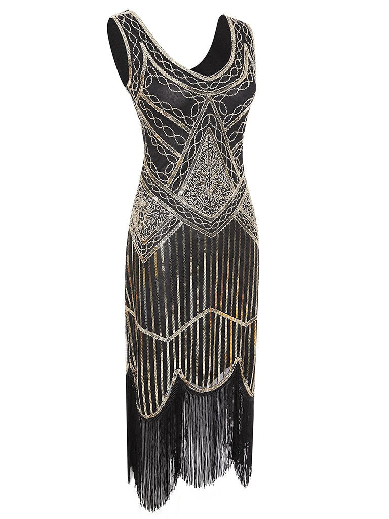 1920s V Neck Sequined Flapper Gatsby Dress