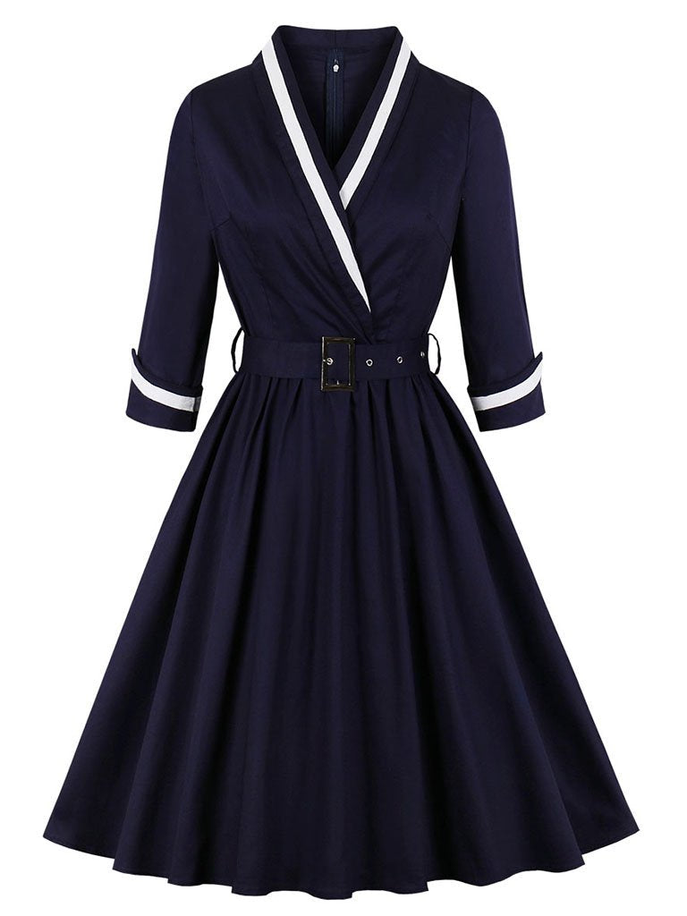 Navy 1950s V Neck Vintage Swing Dress