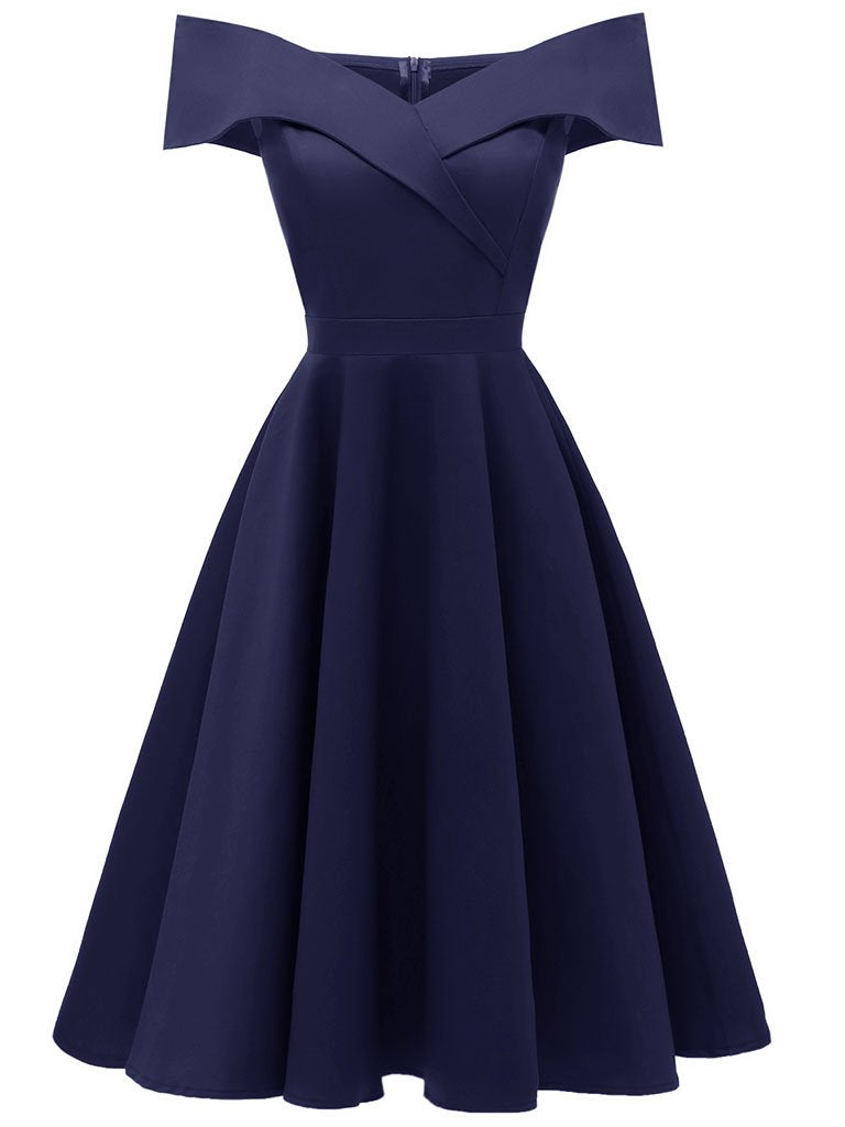 Navy 1950s Off Shoulder Swing Vintage Party Dress