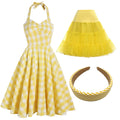 Yellow And White Plaid Halter Classis Style 1950S Dress Set