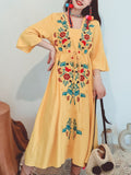 Cotton Embroidered Floral Square Neck Flared Half Sleeve Maxi Boho Dress