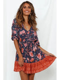 Boho Dress Floral Printed V Neck Beach Dress Half Sleeve