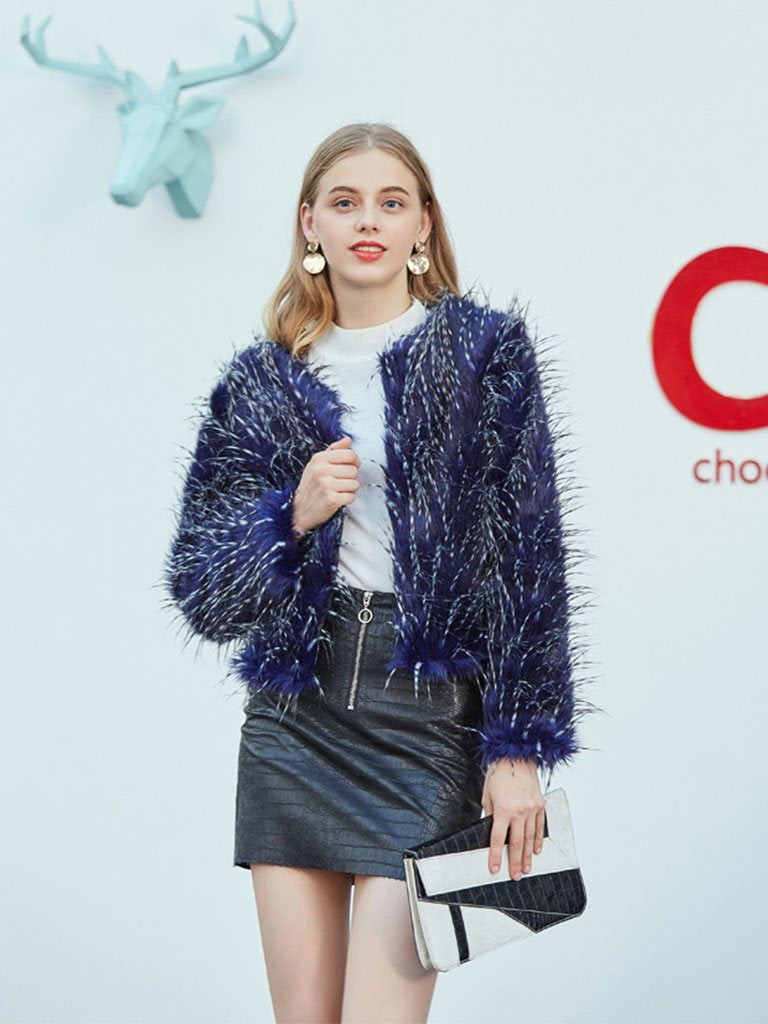 Peacock Long Sleeve Faux Fur Jacket For Women