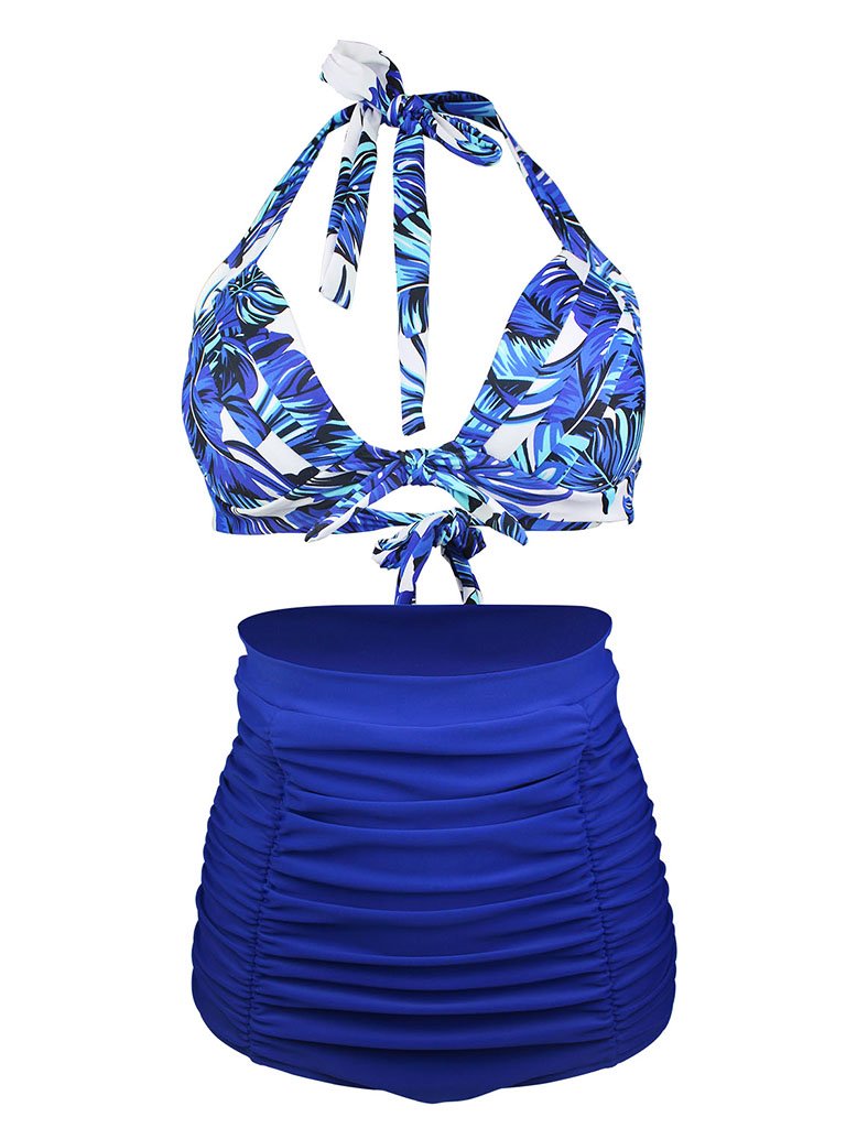 Blue Leaf 3D Print Retro Style Bikinis Swimsuits Bathing Suit