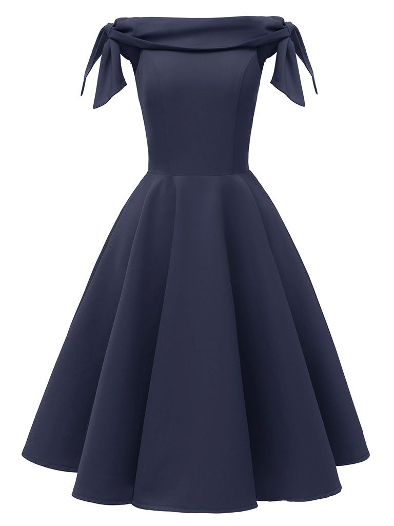 High Waist 1950s Off Shoulder Bow Dress
