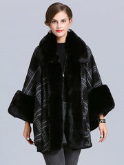Plaid Poncho Sweater Faux Fur Coat Shawl Collar