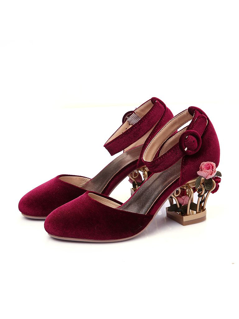 Luxury Velvet Shoes Round Toe Gold Metallic Fretwork Floral Heels