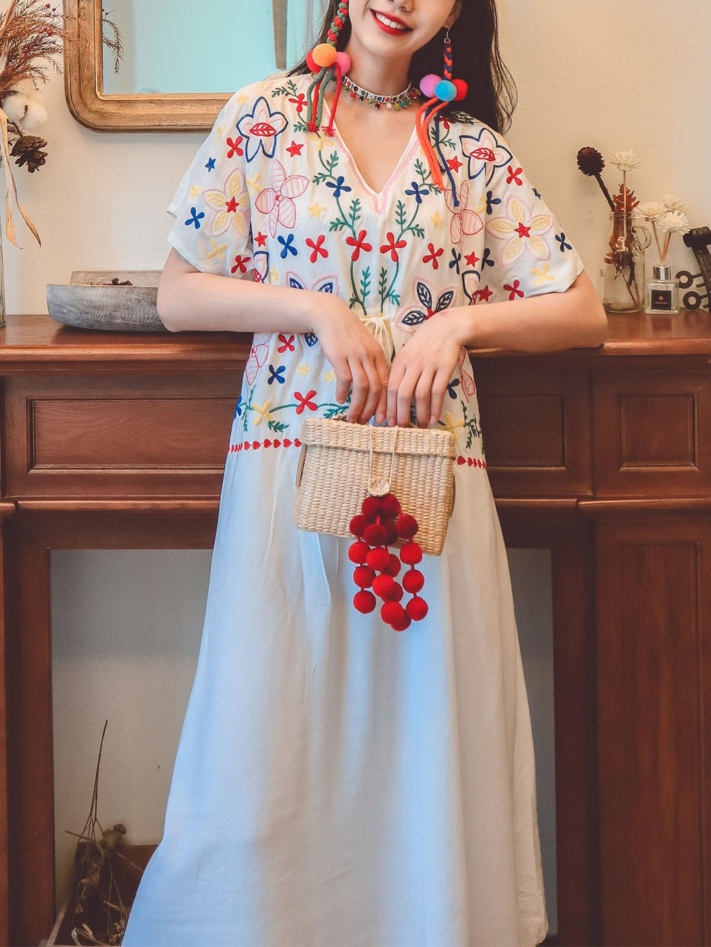 Jolly Vintage Bohemian V Neck Embroidered Floral Short Sleeve Boho Dress