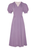 Lavender V Neck Puff Sleeve Swing Vintage Style 1940S Dress