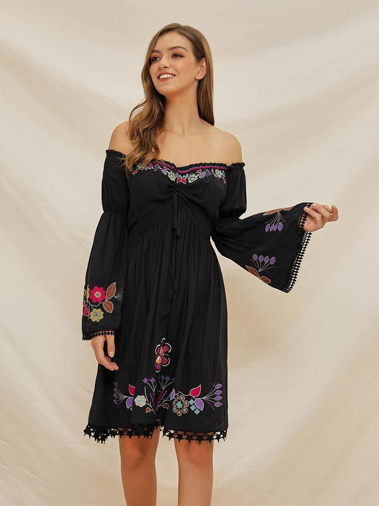 Boho Dress Black Off Shoulder Floral Embroidered Dress