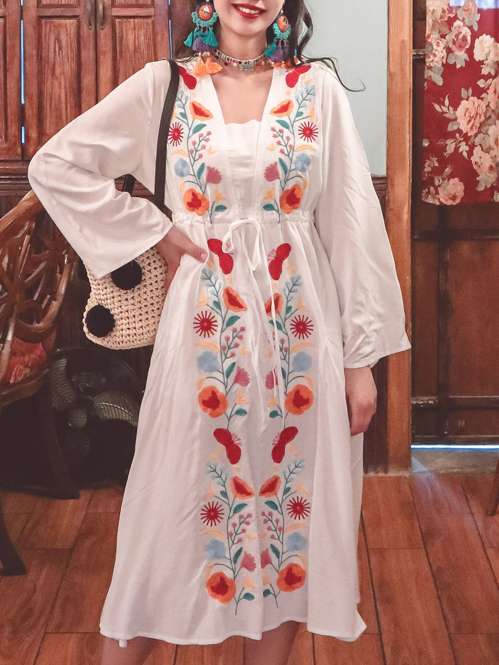 Jolly Vintage Embroidered Floral Long Sleeves Square Neck Boho Dress
