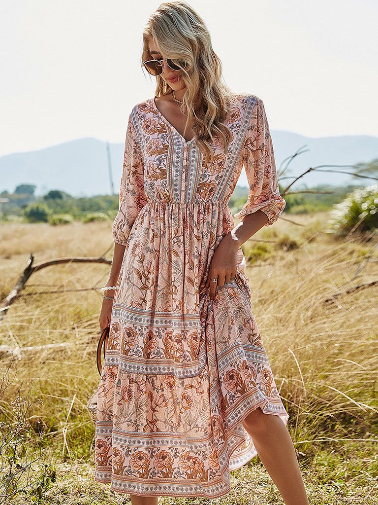 Floral Boho Dress Half Sleeve V Neck Beach Party Dress