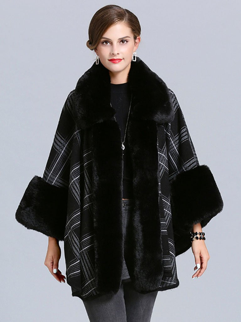 Plaid Poncho Sweater Faux Fur Coat Shawl Collar