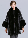 Plaid Poncho Sweater Faux Fur Coat Shawl Collar