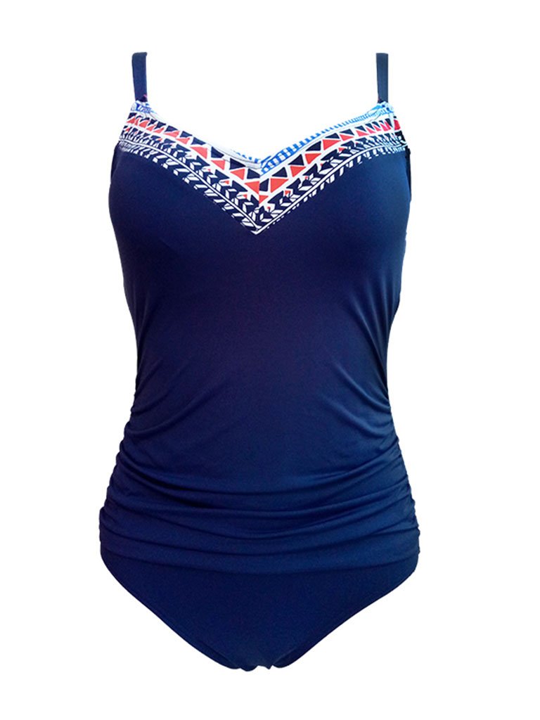 Blue 3D Print Strap Backless Retro Style One Piece Swimwear Bathing Suit