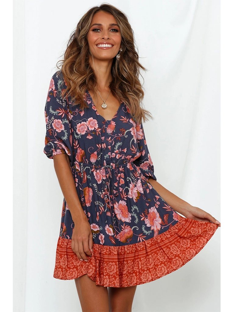 Boho Dress Floral Printed V Neck Beach Dress Half Sleeve