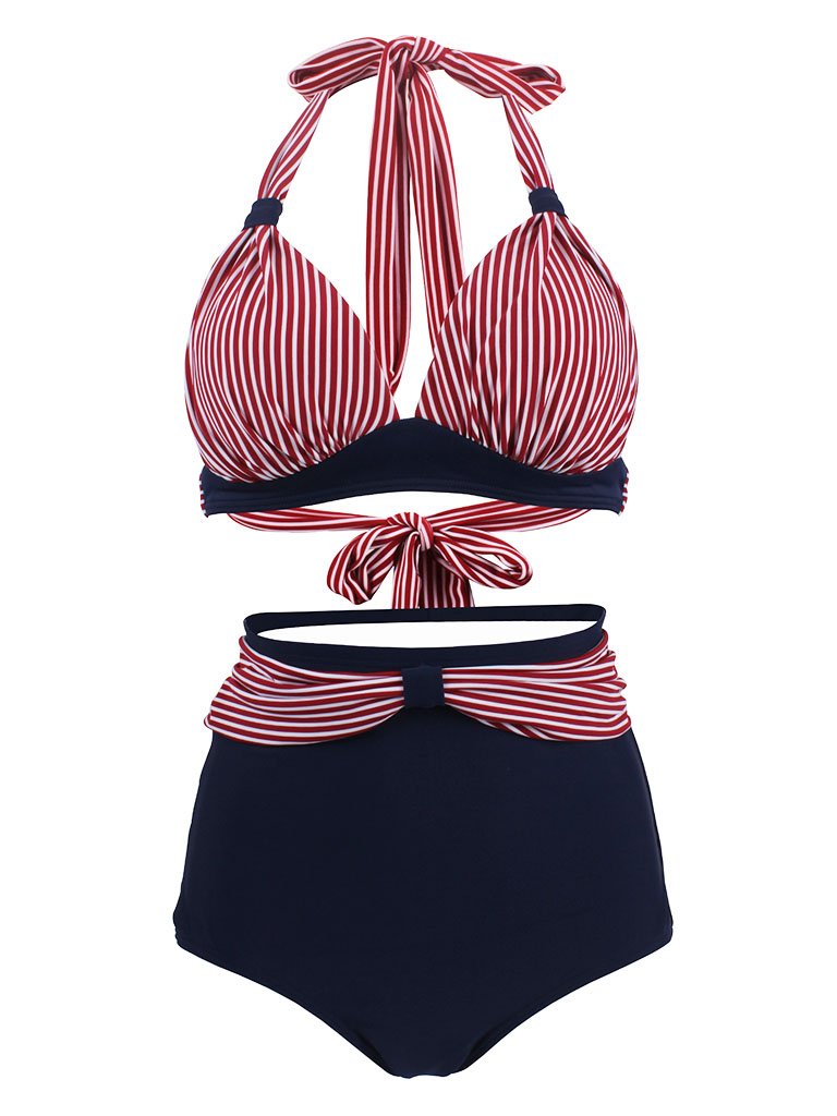 Concise Backless Retro Style Striated Two Pieces Bikini Bathing Suit
