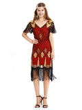 Red Gold 1920s V Neck Sequined Flapper Dress